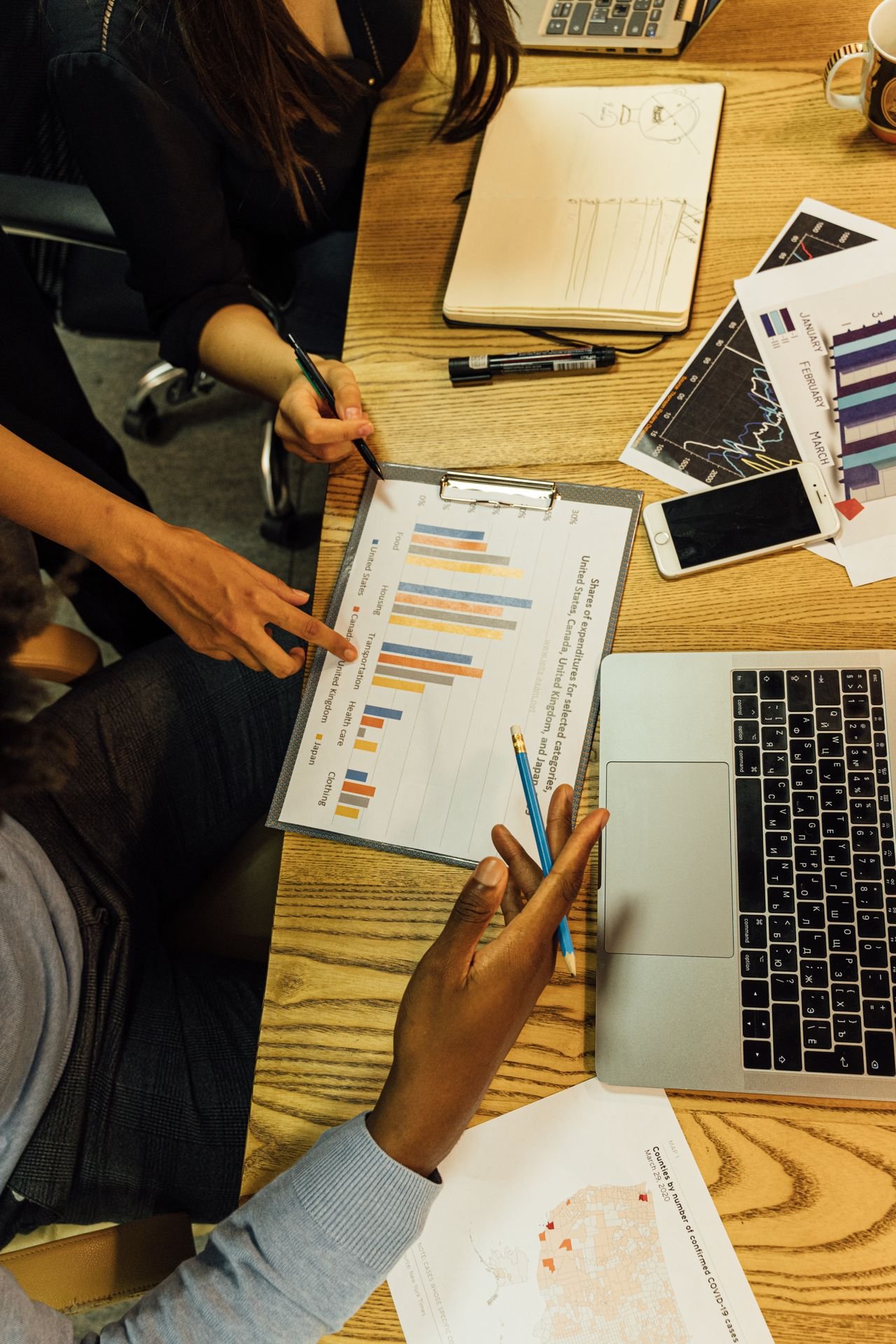 Consultants analyzing charts and reports around a table during a feasibility study