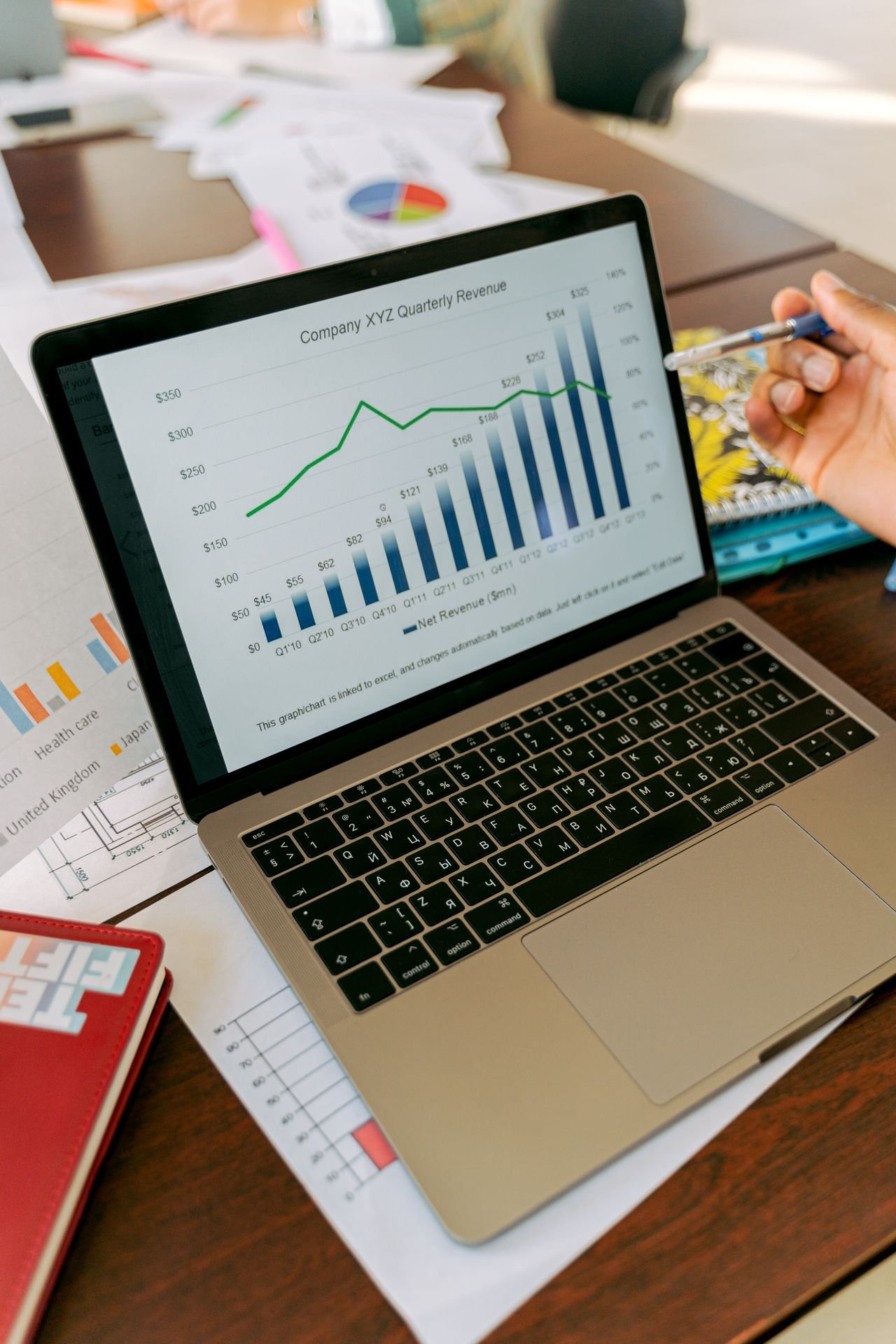 Business owner and advisor reviewing an EBITDA valuation analysis on a laptop with revenue charts