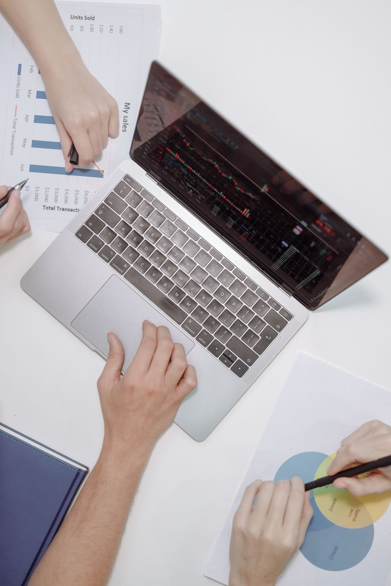 Analysts discussing financial charts on a laptop while working through a due diligence checklist