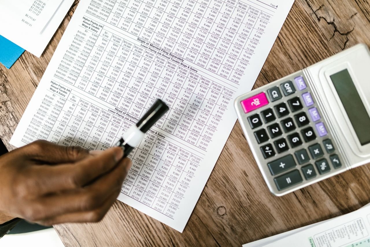 Financial statements and a calculator used to calculate normalization adjustments and add-backs